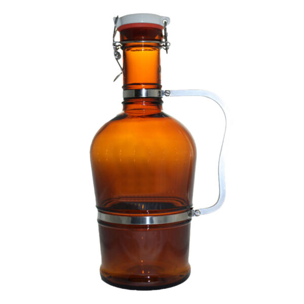 decorative european glass growler bottle with metal handle and clasp top closure for service draft beer to go.