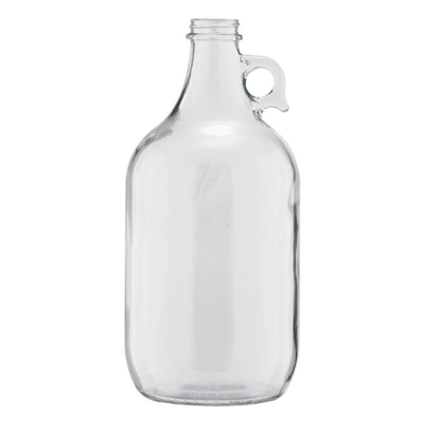 64 ounce clear glass growler with handled used for serving draft beer to go.